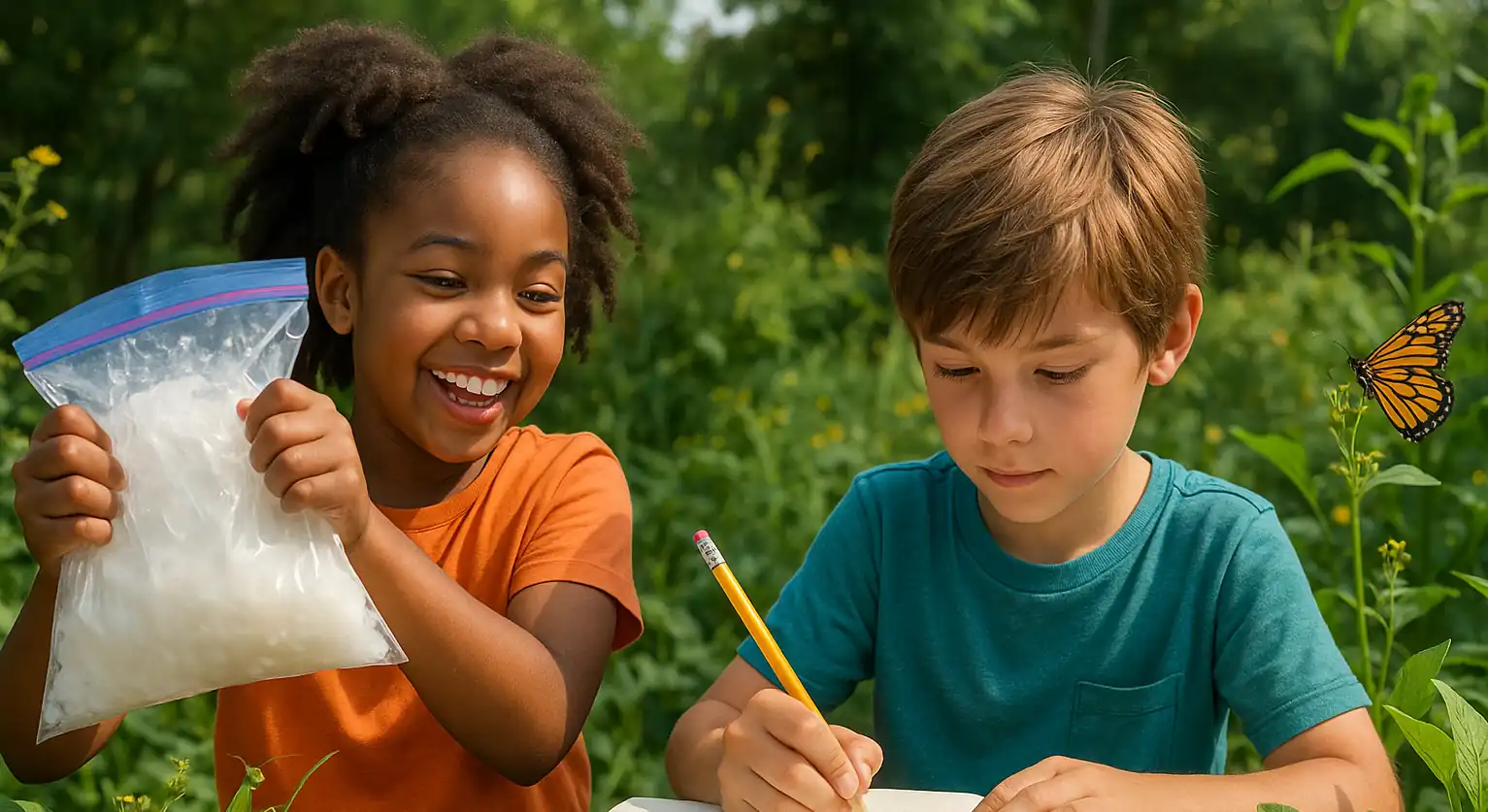 Kids making ice cream in a bag and exploring backyard nature during summer