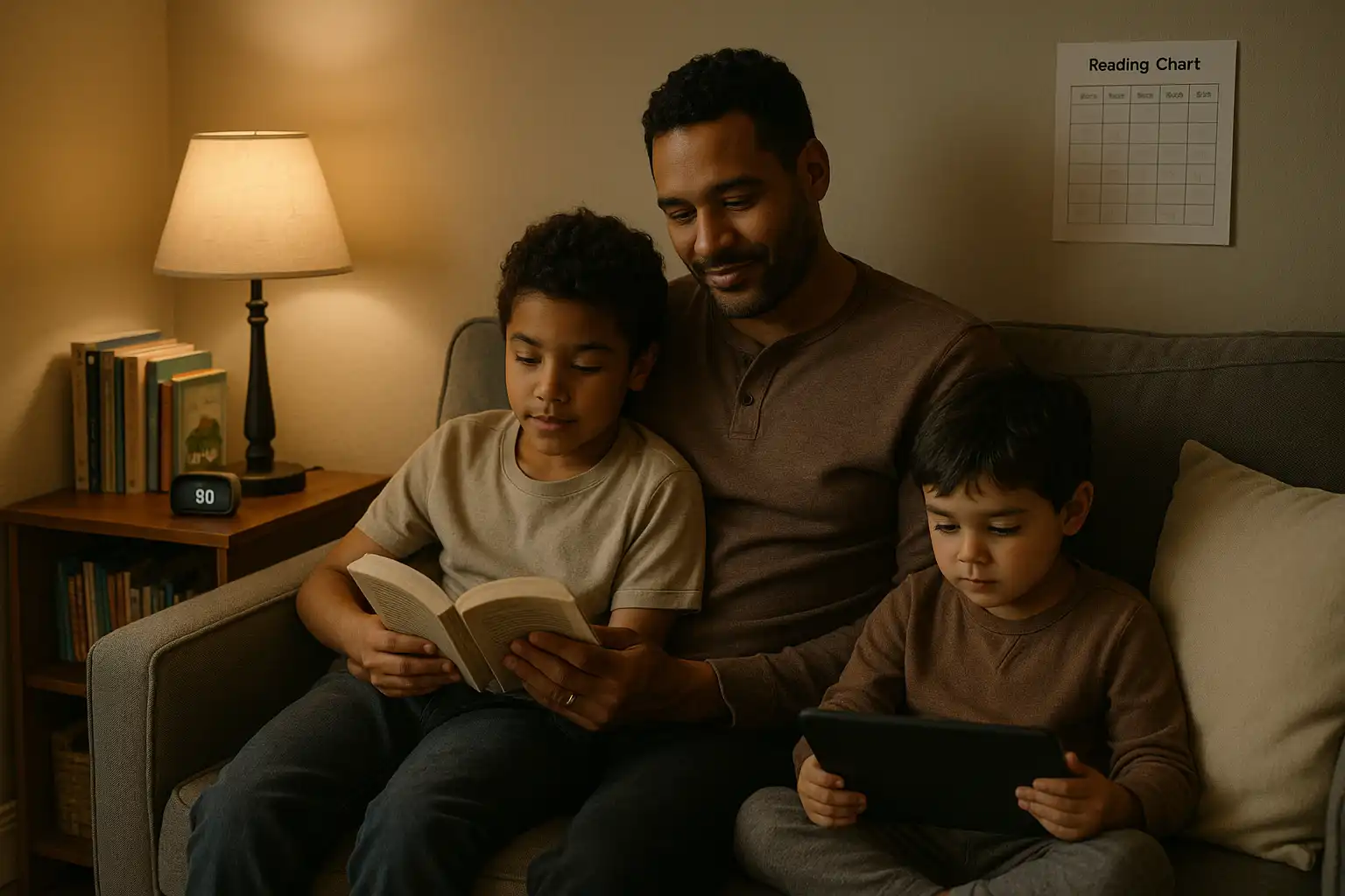 Parent and two children reading together in a cozy home corner with a visible timer and family reading chart, illustrating daily reading routines for busy families.