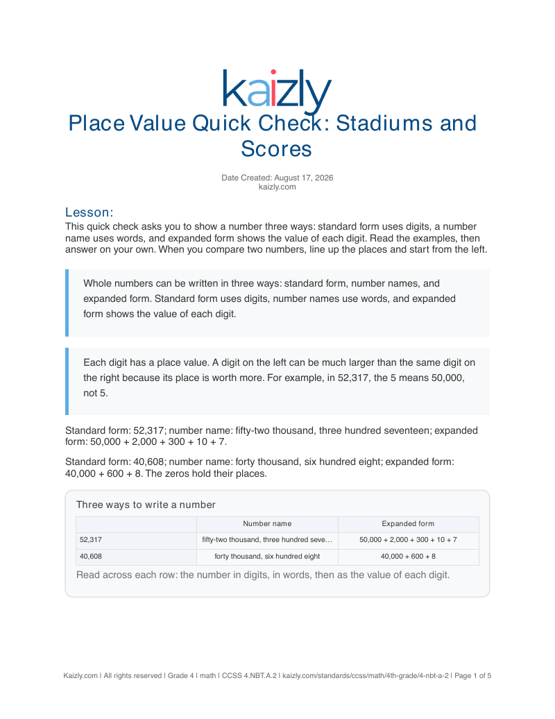 Page 1 of the free 4.NBT.A.2 worksheet PDF