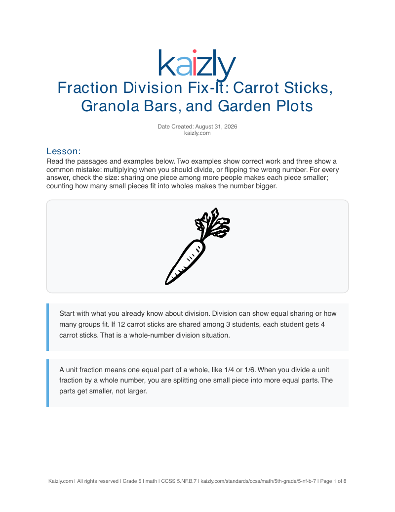 Page 1 of the free 5.NF.B.7 worksheet PDF
