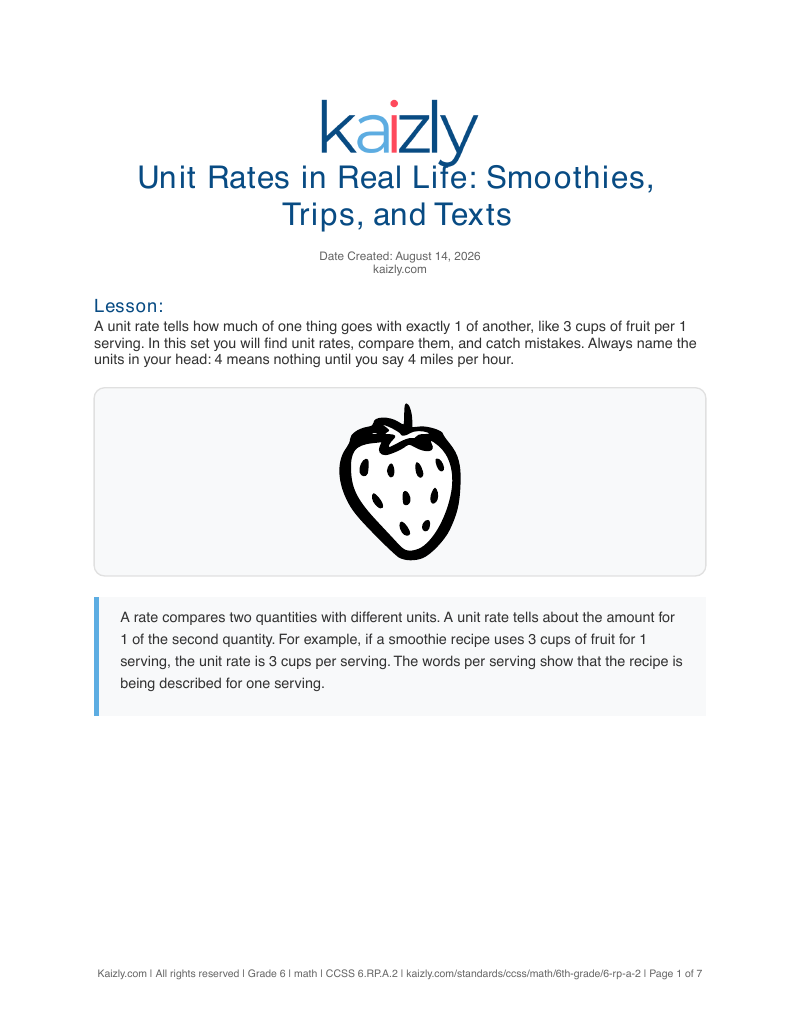Page 1 of the free 6.RP.A.2 worksheet PDF