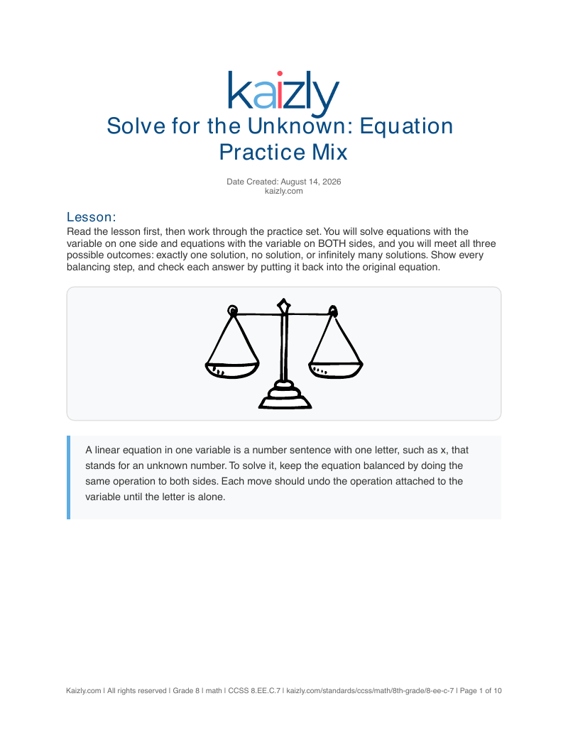 Page 1 of the free 8.EE.C.7 worksheet PDF