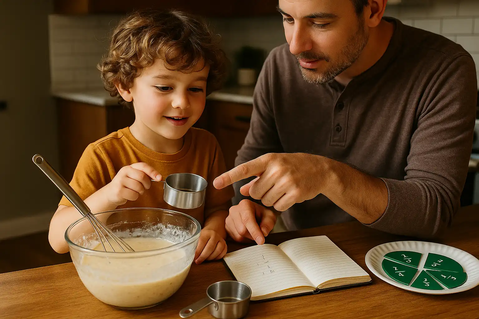 Parent and child measuring ingredients in a kitchen with measuring cups and a notebook, and a paper plate nearby showing folded fraction pieces.