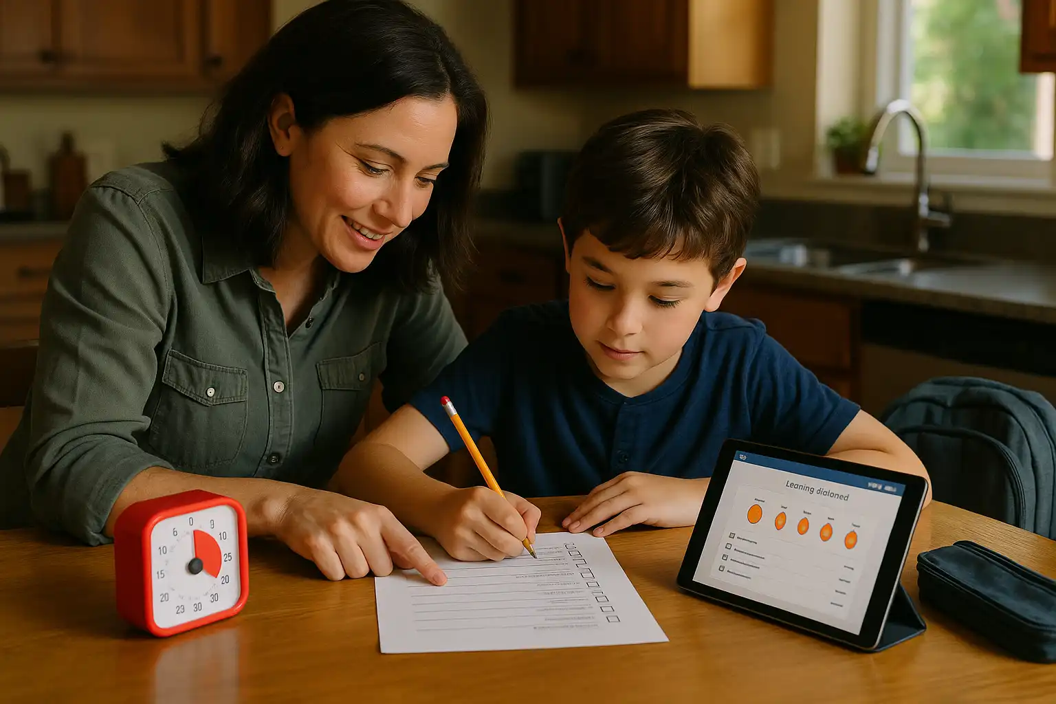 Parent and child at a kitchen table using a visual timer and checklist while a tablet shows the Kaizly dashboard and streaks