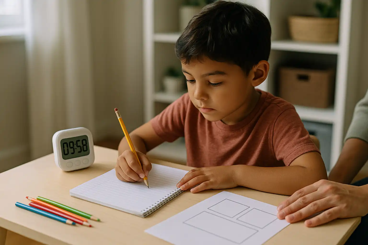 Child writing at a desk with a visible three-box planning page and a ten-minute timer, parent nearby offering quiet support