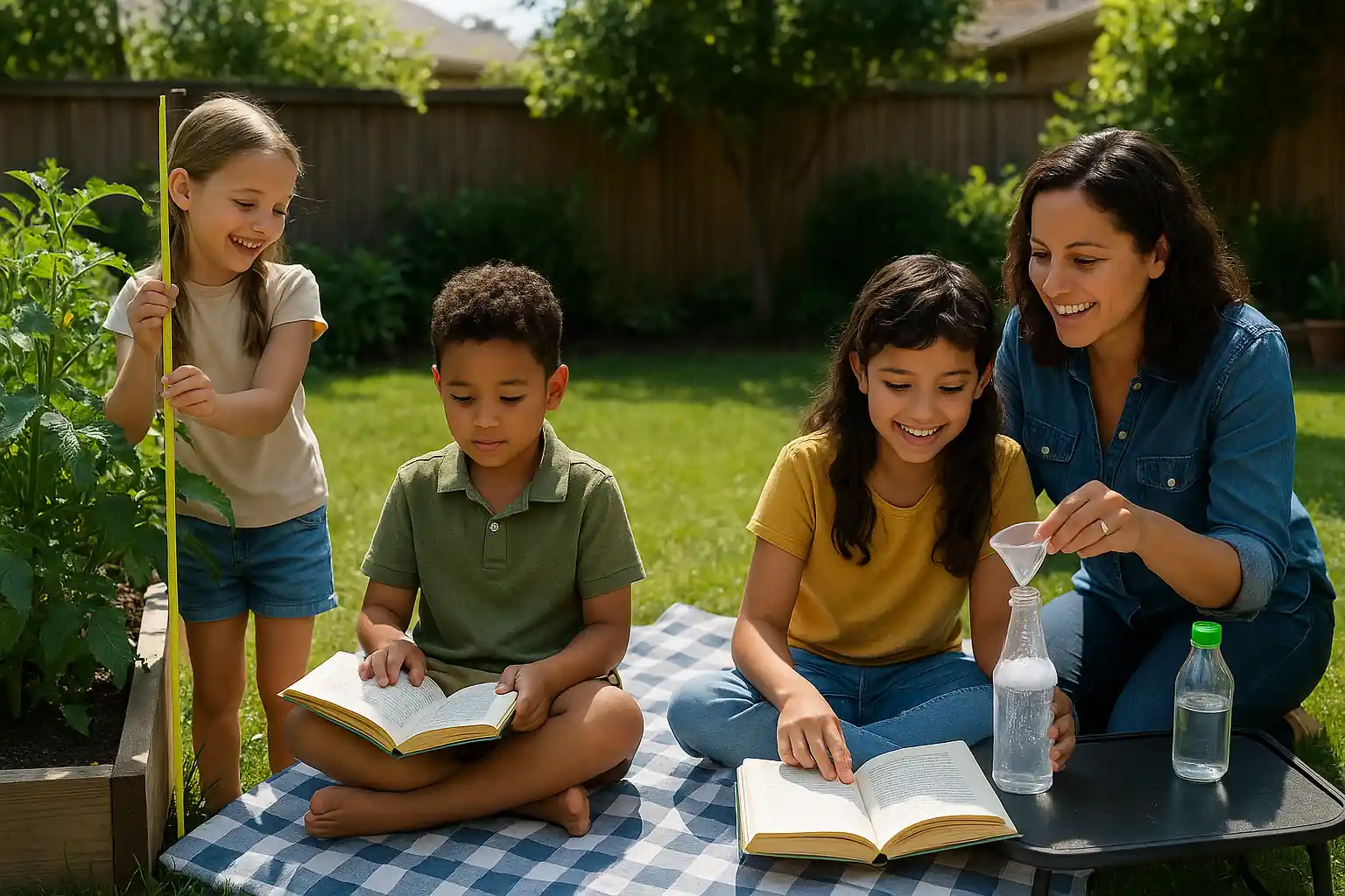 Family enjoying personalized summer learning activities outdoors with books, measuring tools, and kitchen experiments