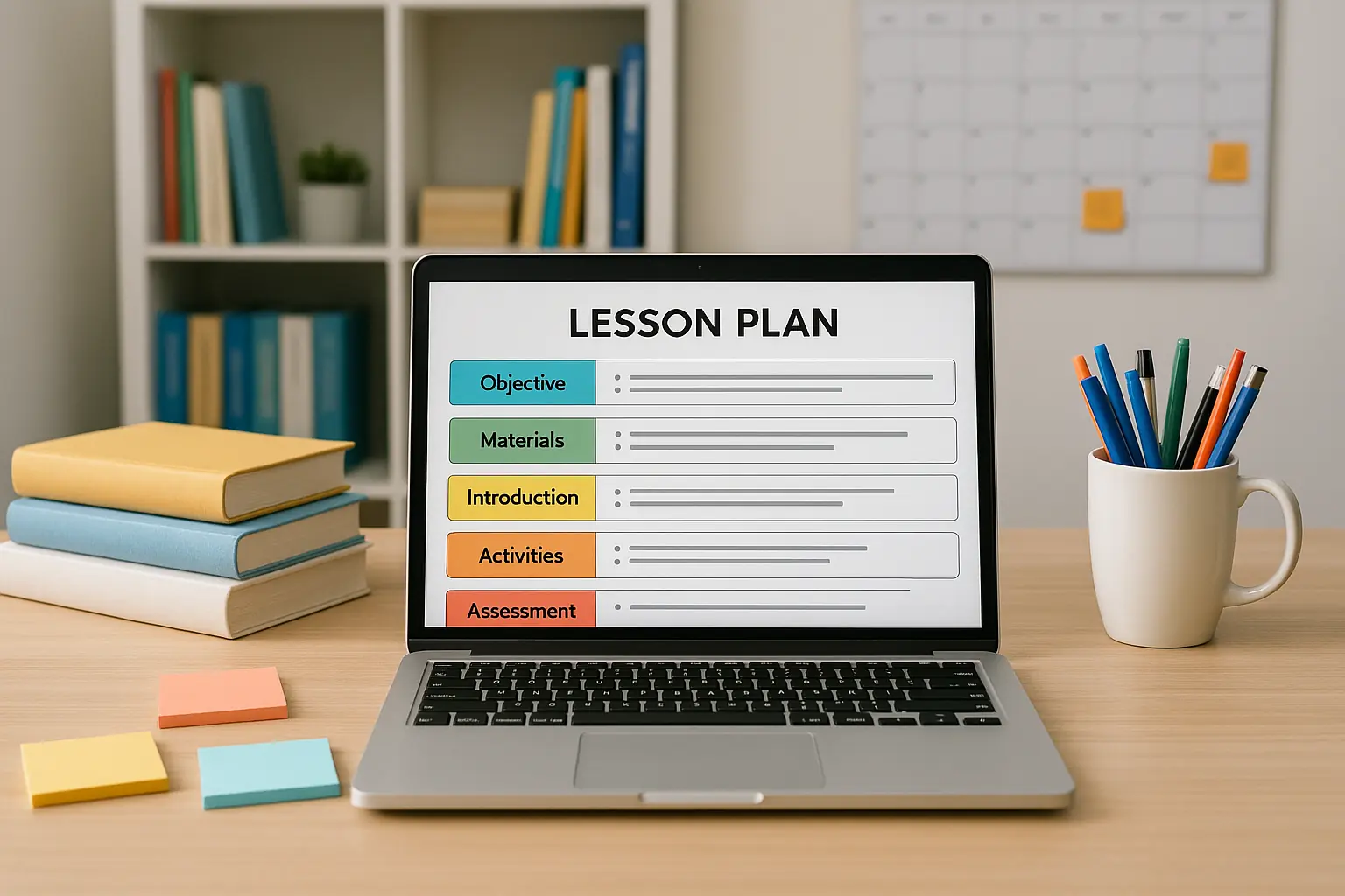 A laptop with an organized lesson plan displayed on the screen