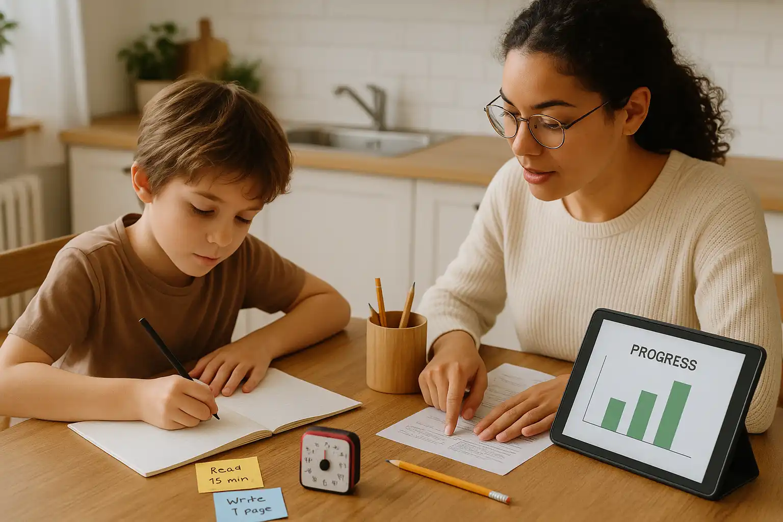 Parent and child working with a tutor at a kitchen table, laptop open, notebook and timer visible, sticky notes with learning goals and a tablet showing a progress chart.