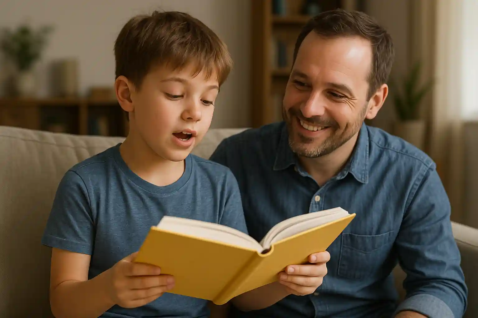 A second grader reads a book out loud at home while a parent observes encouragingly.