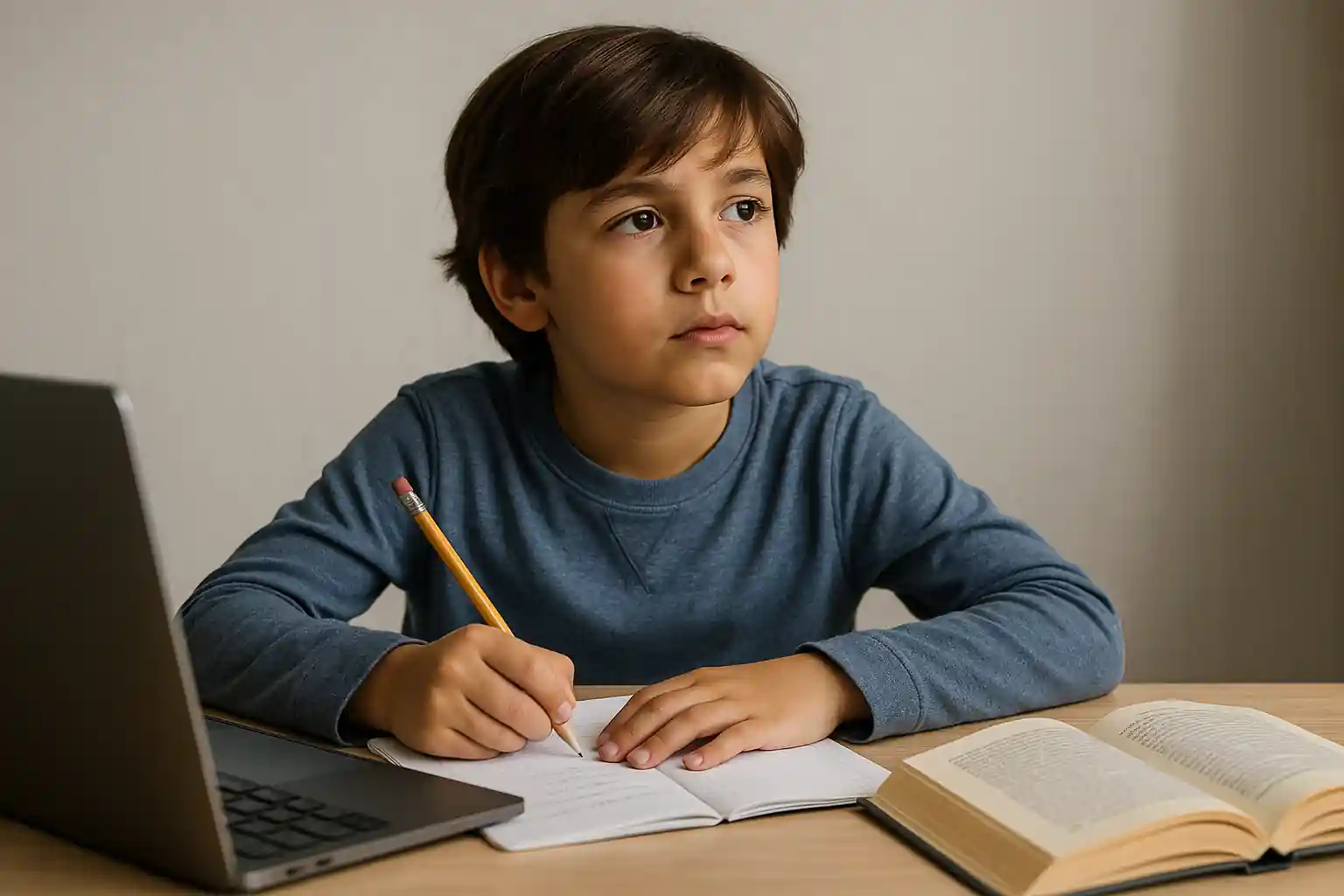 A fourth-grade student concentrates on writing in a notebook, with math flashcards and a chapter book on the table.