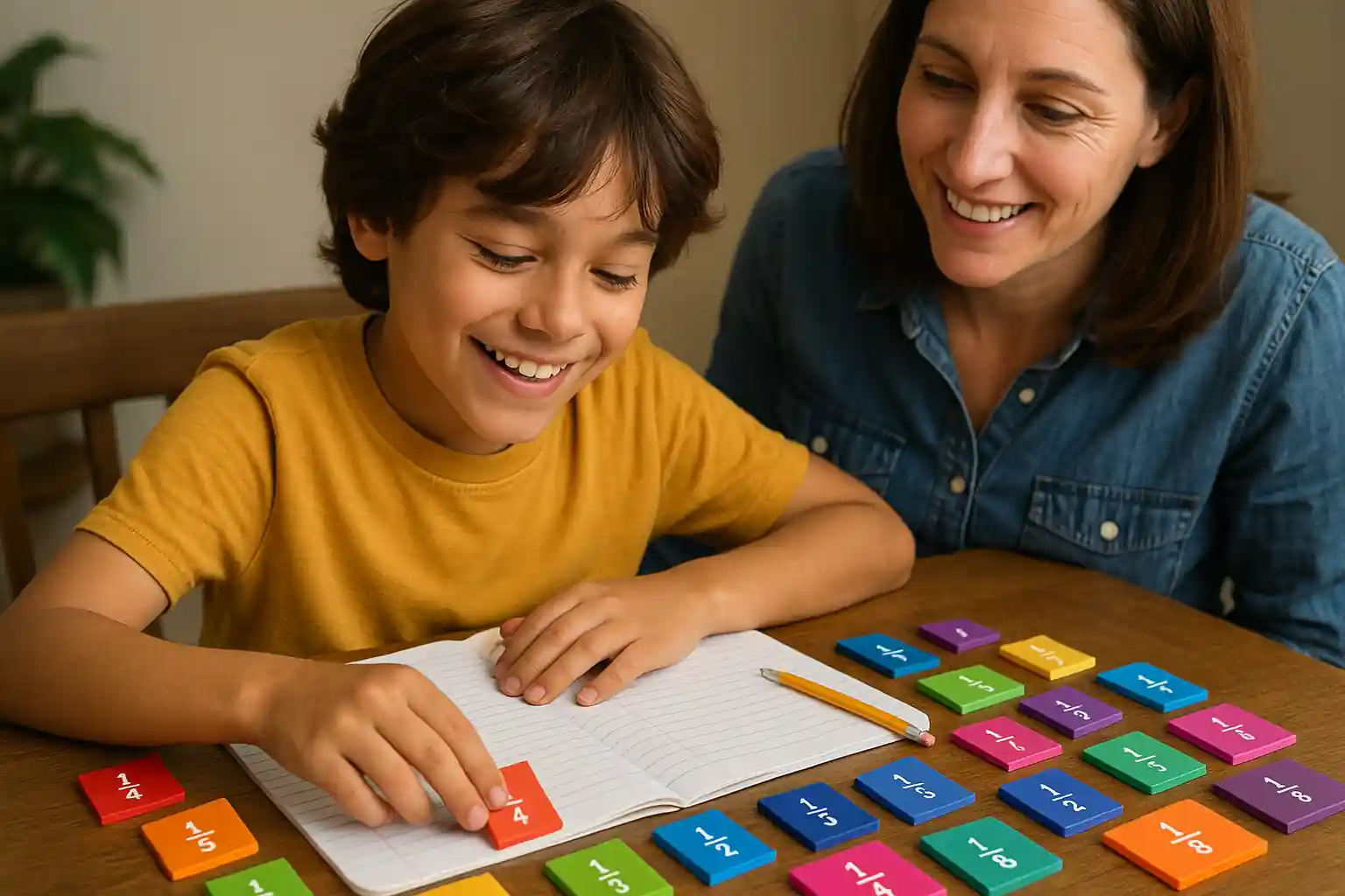 A rising fifth grader practices fractions with pie chart pieces at the table, with a parent offering encouragement.