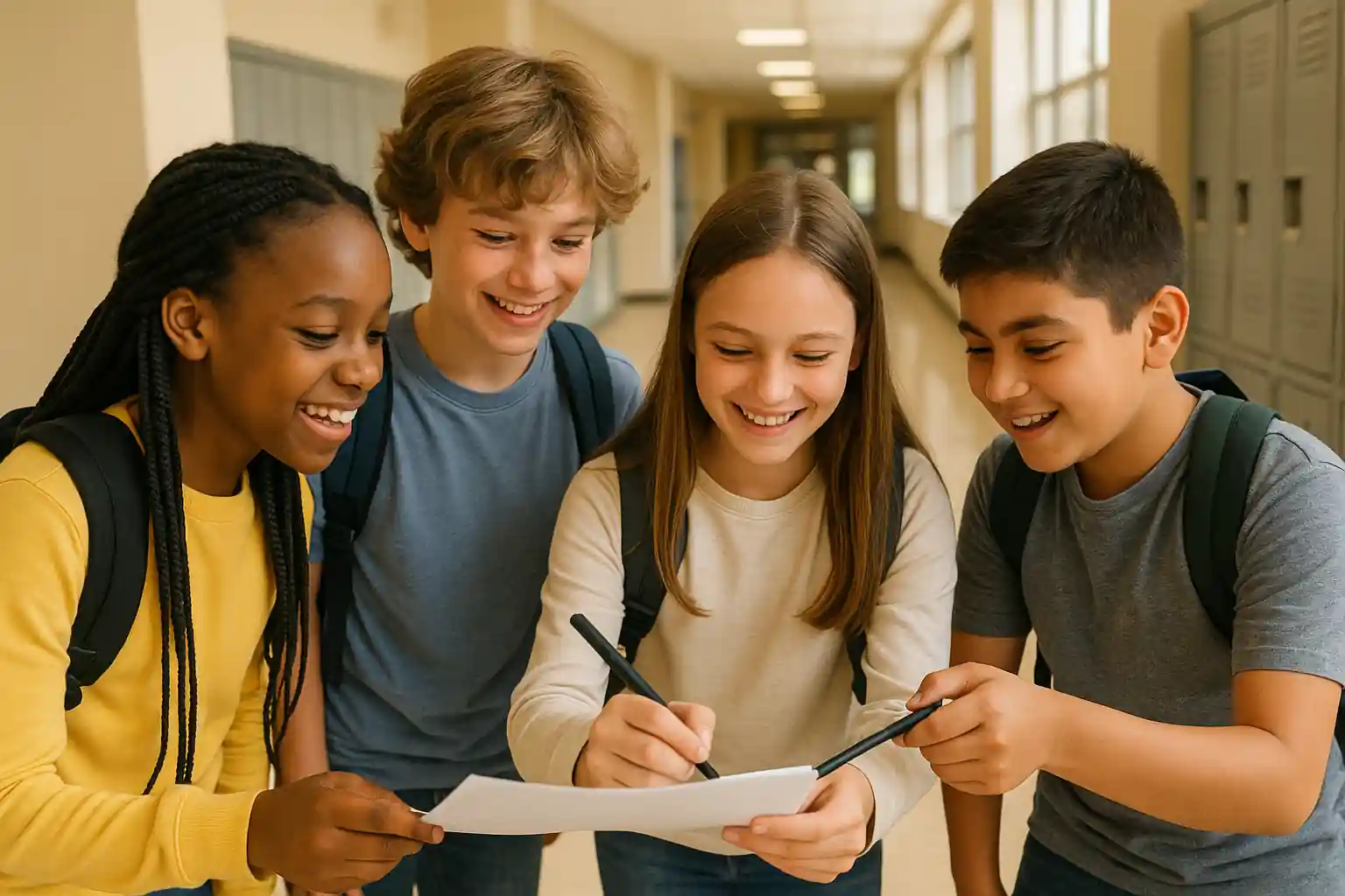 A few incoming sixth grade students with backpacks collaborate on a worksheet, symbolizing readiness for middle school.