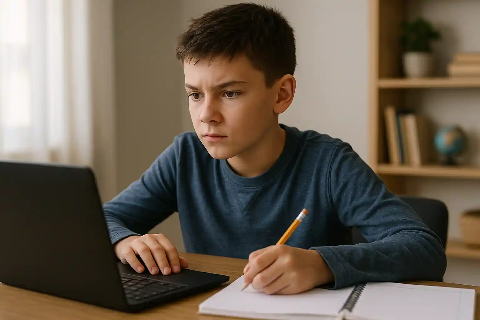A seventh-grade student works on a readiness assessment on a laptop at home, taking notes in a notebook.