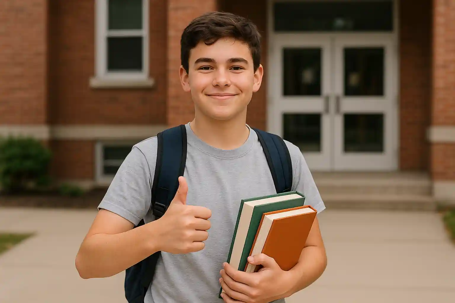 A rising eighth grader with a backpack smiles and gives a thumbs-up, feeling ready for the new school year after taking a readiness assessment.