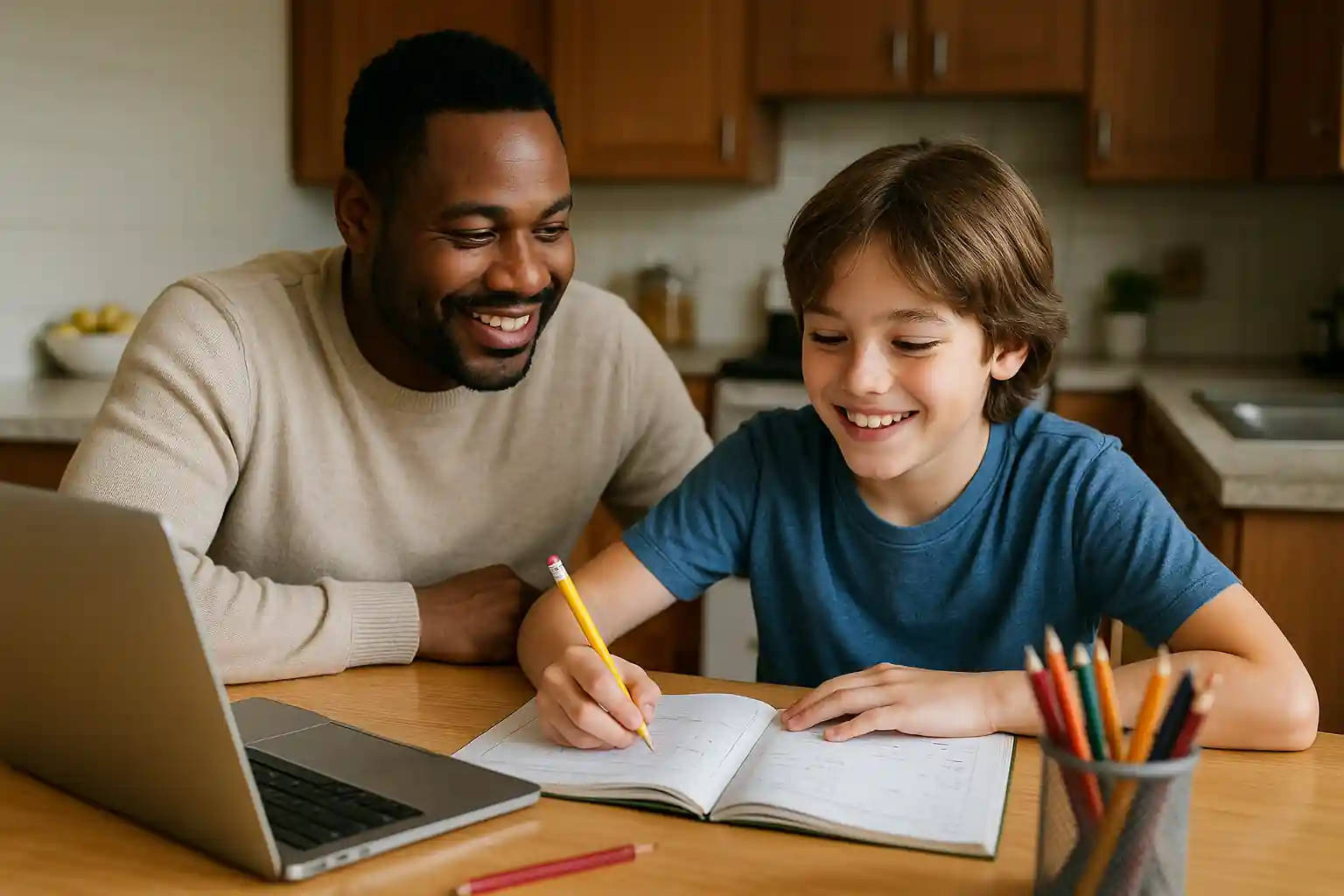 Parent and child happily working on a grade-level readiness worksheet at home.
