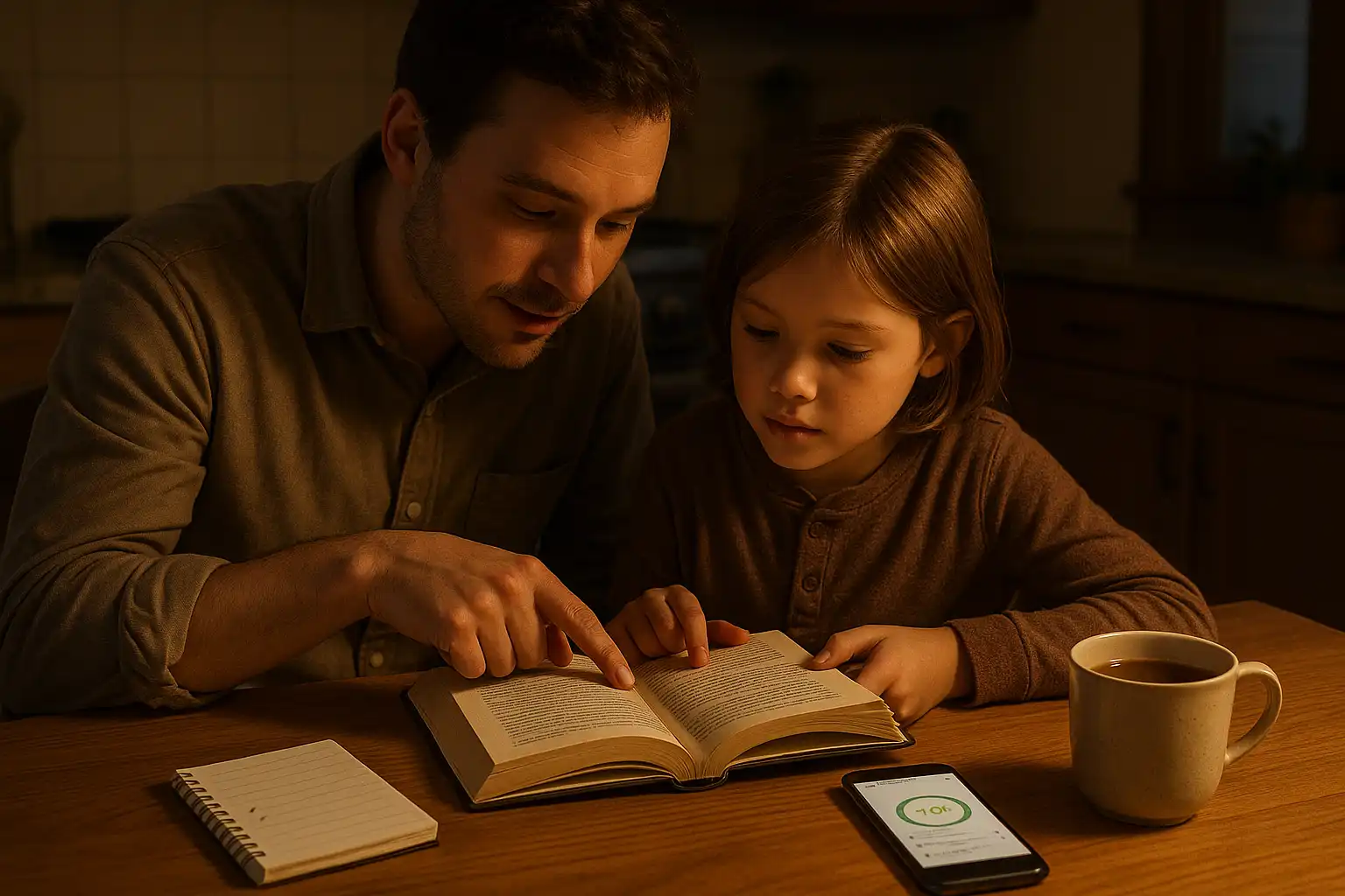 Parent and child doing a nightly reading routine at a kitchen table with a notebook and tablet open to a learning log, practicing reading comprehension.
