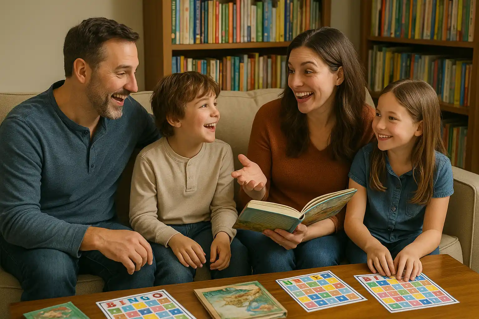 Family enjoying a summer reading session together with bingo cards and books, fostering learning and fun at home.
