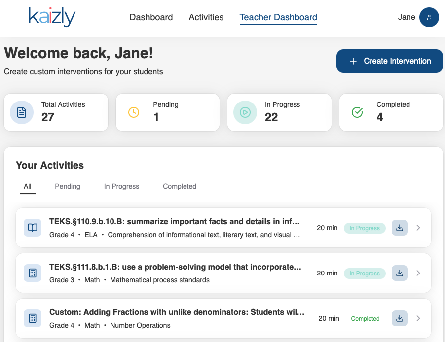 Kaizly Intervention Builder dashboard