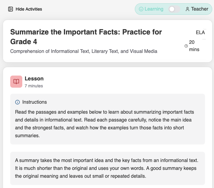 Generated intervention activity with lesson content and practice questions