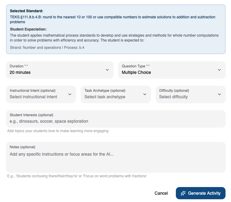 Intervention Builder — configure duration, question type, difficulty, and student details