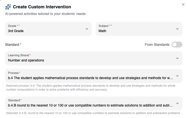 Intervention Builder — select grade, subject, and standard