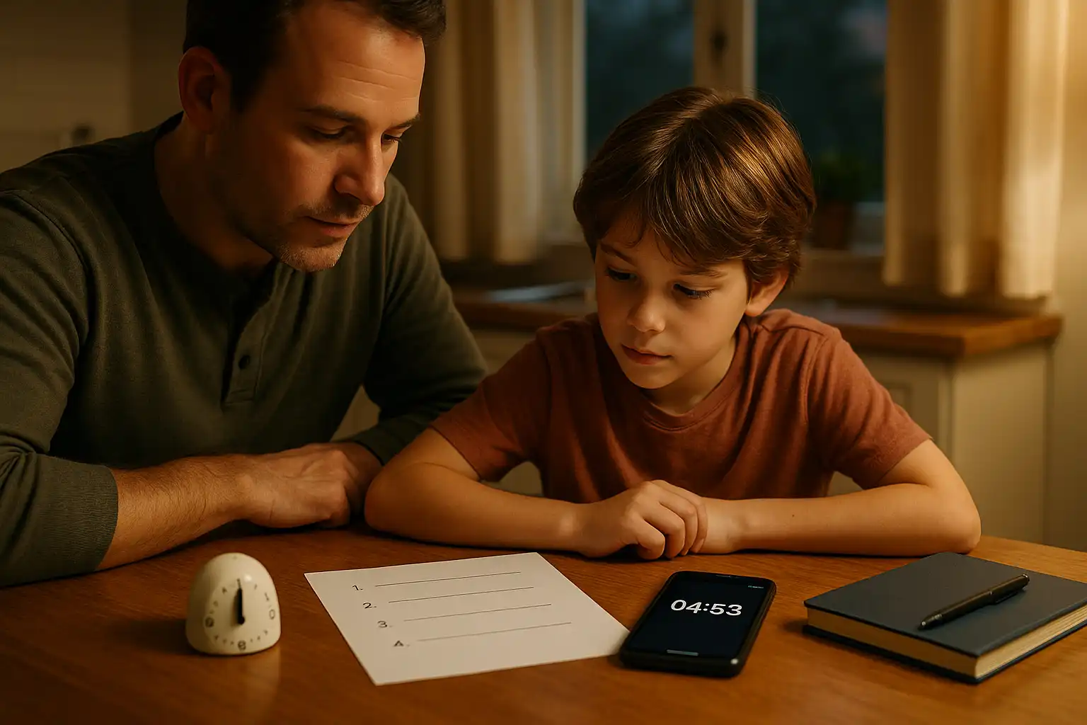 Parent and child doing a short timed home quiz at a kitchen table with a small timer and a notebook, demonstrating a calm, focused practice routine.