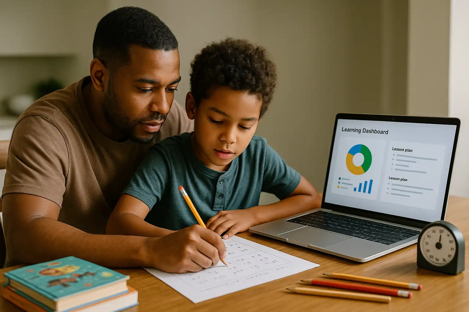 Parent and child at a kitchen table using a Read-Label-Plan checklist; child sketches a bar model and circles numbers while a two-minute sand timer sits nearby.